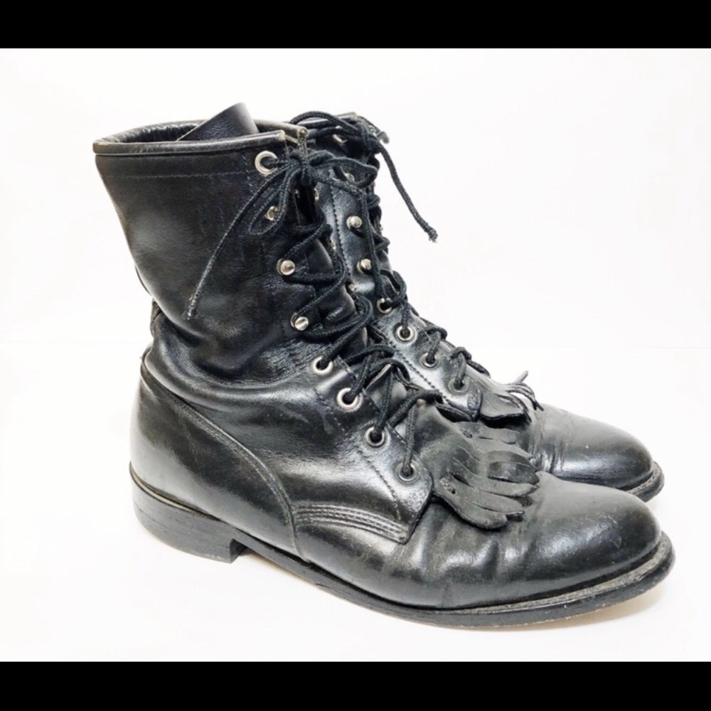 Justin Roper Black Leather Fringe Lace-up Boots